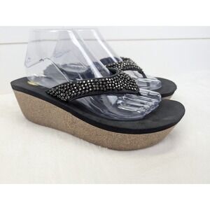 Volatile Wedge Sandals Women Size 9 Black Beaded Vacation Beach Resort Platform
